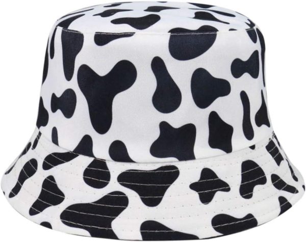 Unisex Cow Pattern Print Bucket-Hat Double-Side-Wear Reversible Fisherman-Cap