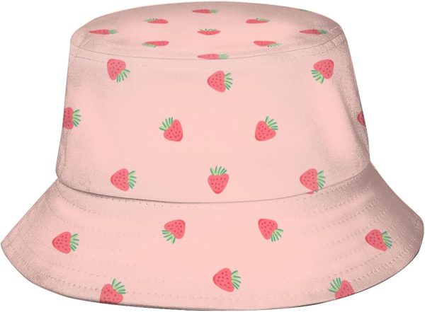 Pink Strawberry Background Unisex Bucket Hat Reversible Fisherman Hat Plant Printed Solid Color Outdoor Sun Hat Packable -
