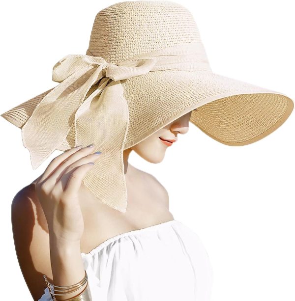 Women 5.5 Inches Big Bowknot Straw Hat Large Floppy Foldable Roll up Beach Cap Sun Hat UPF 50+
