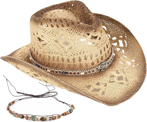 men Women Straw Cowboy Hat Cowgirl Woven Sun Hat Western Cowboy Hat Two Decorative Bands