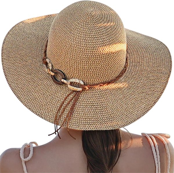 Beach Sun Hats for Women - Wide Brim Straw Women Summer Hat with Wind Lanyard Roll Up, Foldable Beach Hat UV Protection