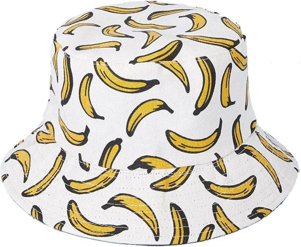 Fruit Print Bucket Hat Tropical Pattern Sun Hats Reversible Packable Fishing Cap for Women, Men, White
