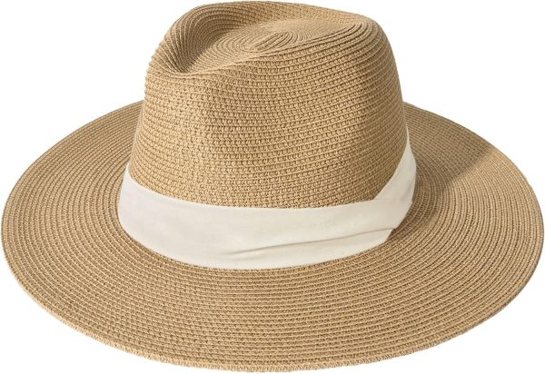 Women Mens Wide Brim Straw Panama Hat Fedora Summer Beach Sun Hat UPF Straw Hat for Women