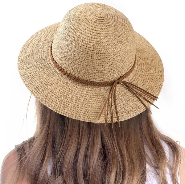 Beach Sun Hats for Women - Wide Brim Straw Women Summer Hat with Wind Lanyard Roll Up, Foldable Beach Hat UV Protection